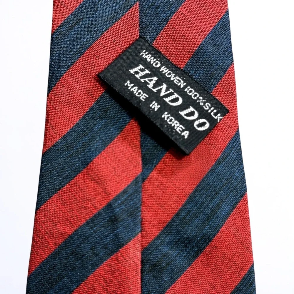 Hand‎ Do Mens Silk Tie Red Navy Blue Diagonal Striped Hand Woven Made in Korea